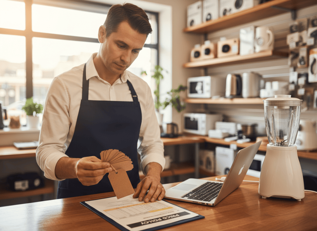 Shop owner comparing price tags with a printed pricing policy at a counter