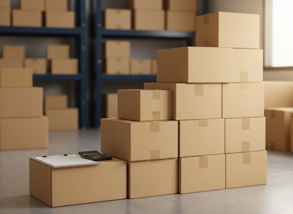 Three rising stacks of shipping cartons with an order sheet and calculator