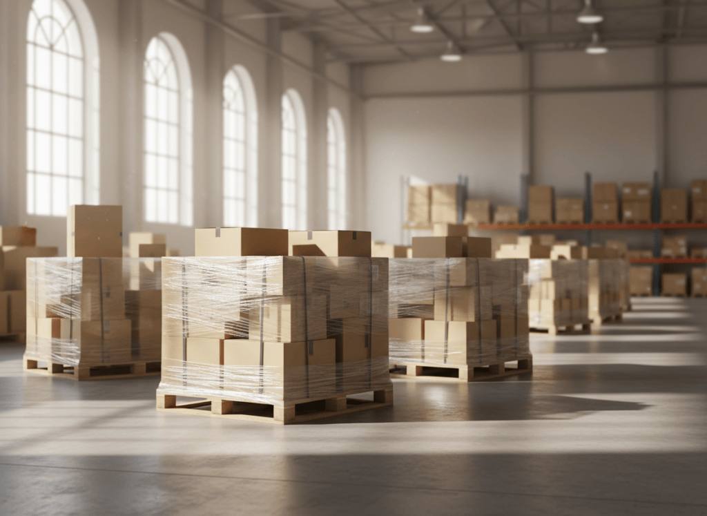 Shrink-wrapped pallets of boxed merchandise in a bright warehouse